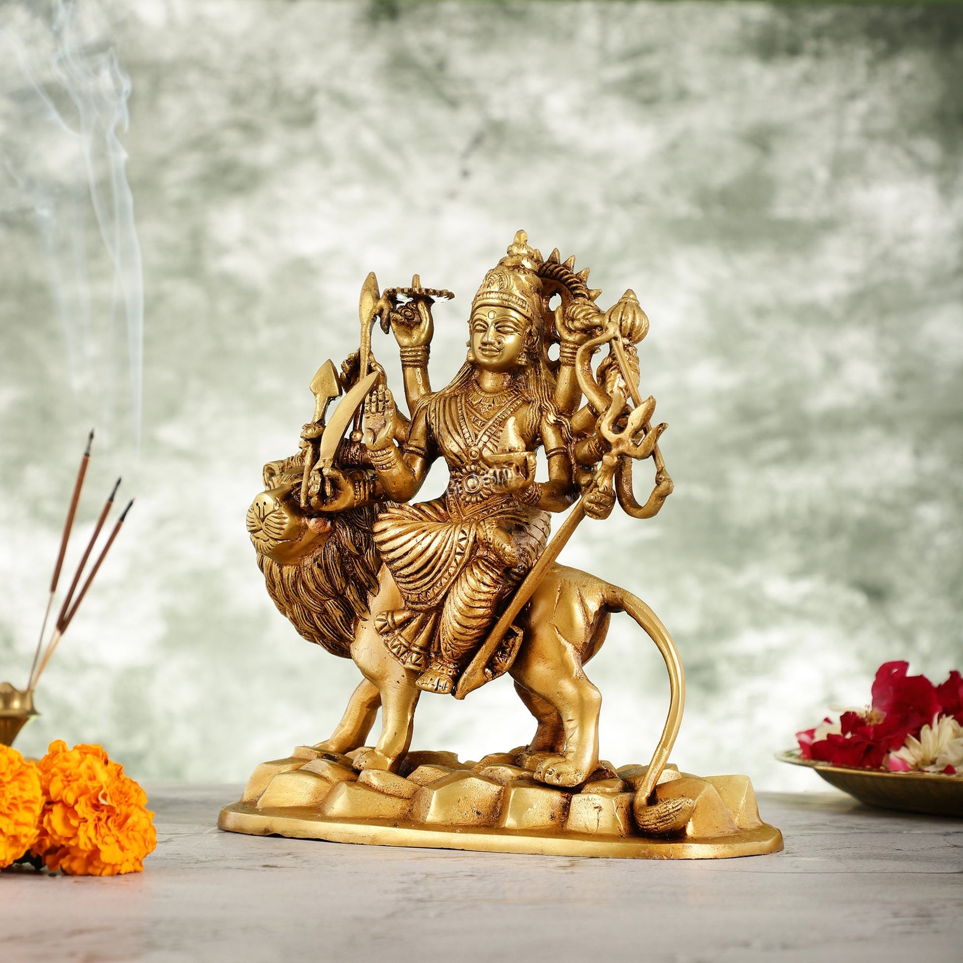 Brass Durga Ma Idol with ten arms - 9 Inch