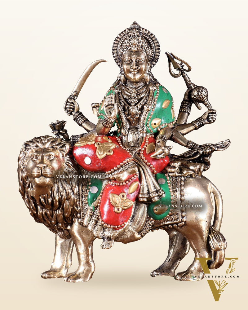 Brass Durga on Lion Idol – 6 Inch, Superfine Lightweight