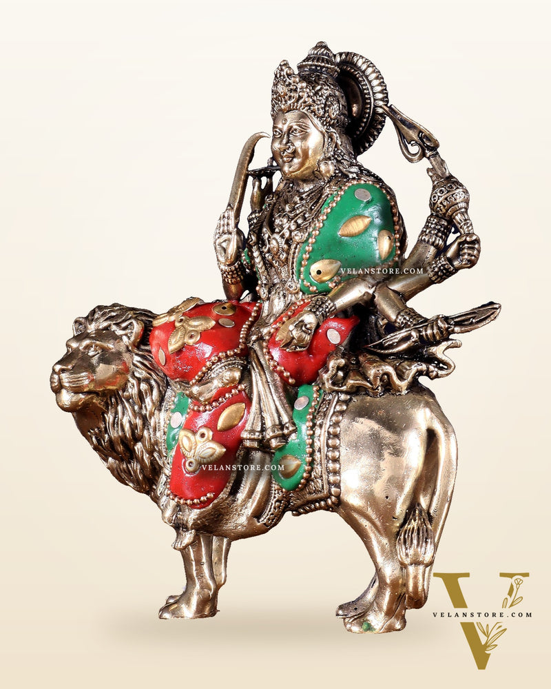 Brass Durga on Lion Idol – 6 Inch, Superfine Lightweight