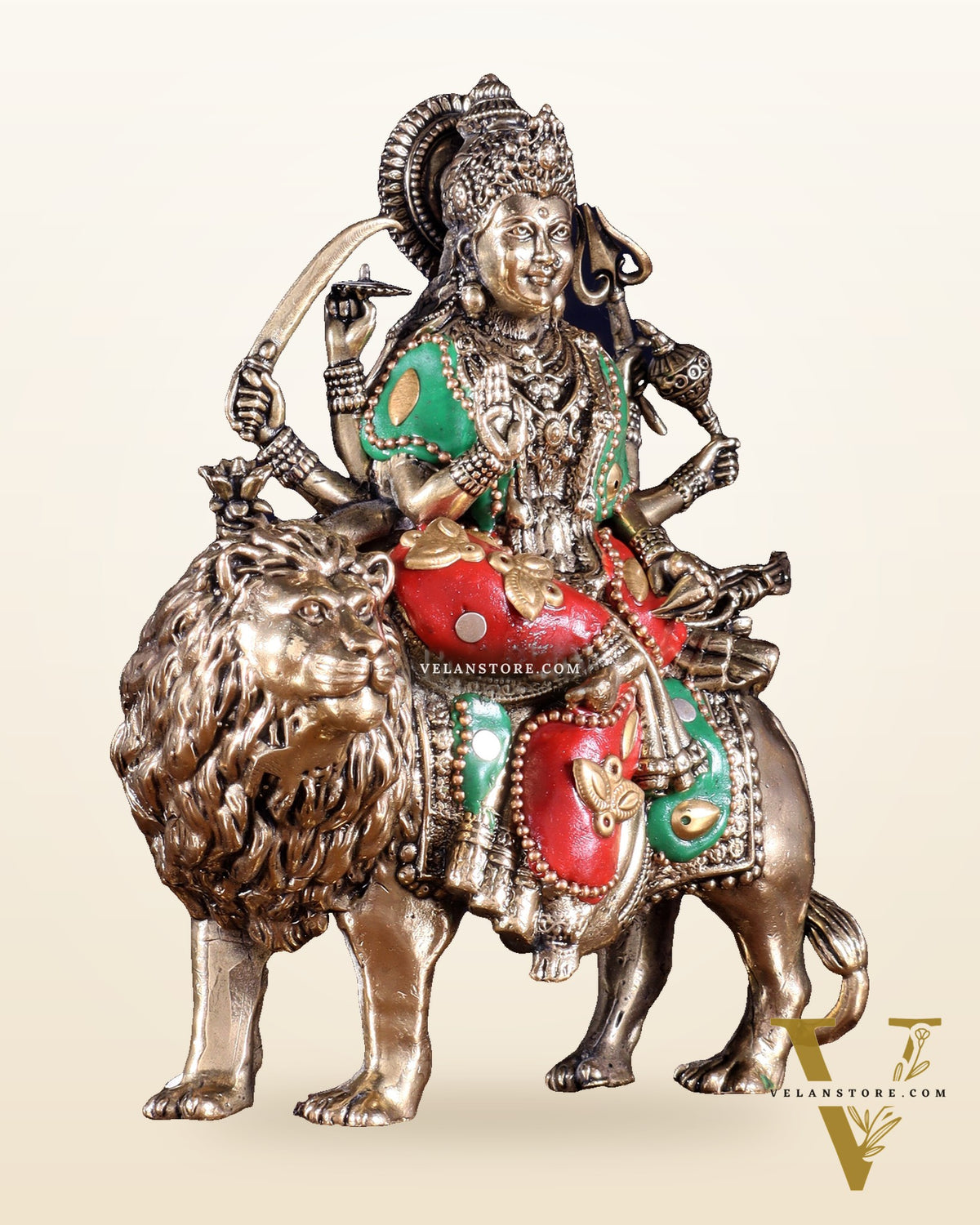 Brass Durga on Lion Idol – 6 Inch, Superfine Lightweight