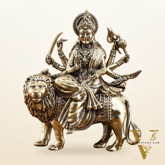 Brass Durga on Lion Idol – 6 Inches, Superfine Lightweight