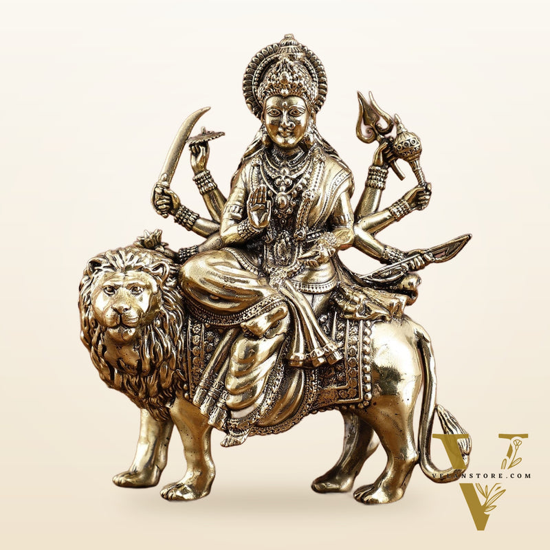 Brass Durga on Lion Idol – 6 Inches, Superfine Lightweight