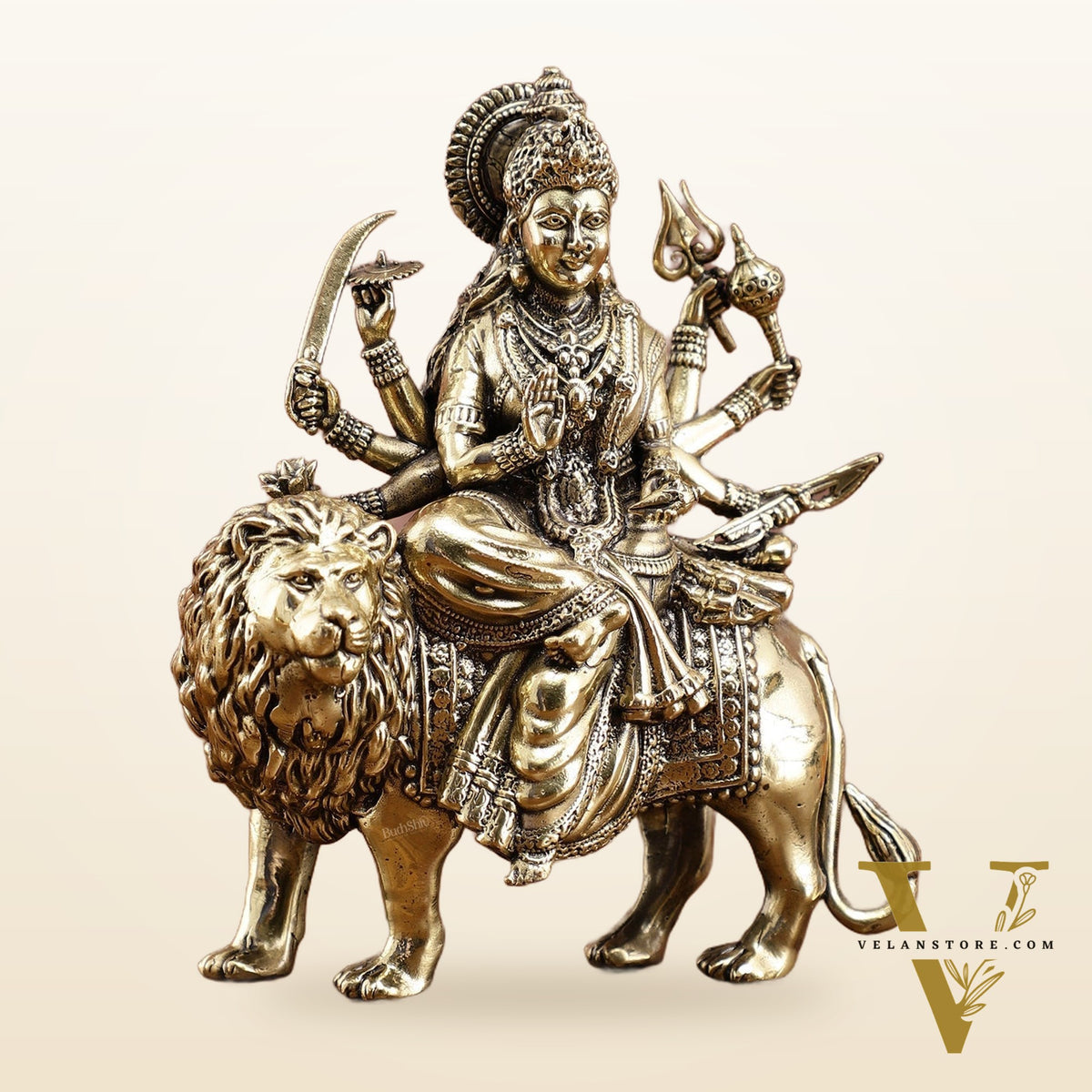 Brass Durga on Lion Idol – 6 Inches, Superfine Lightweight