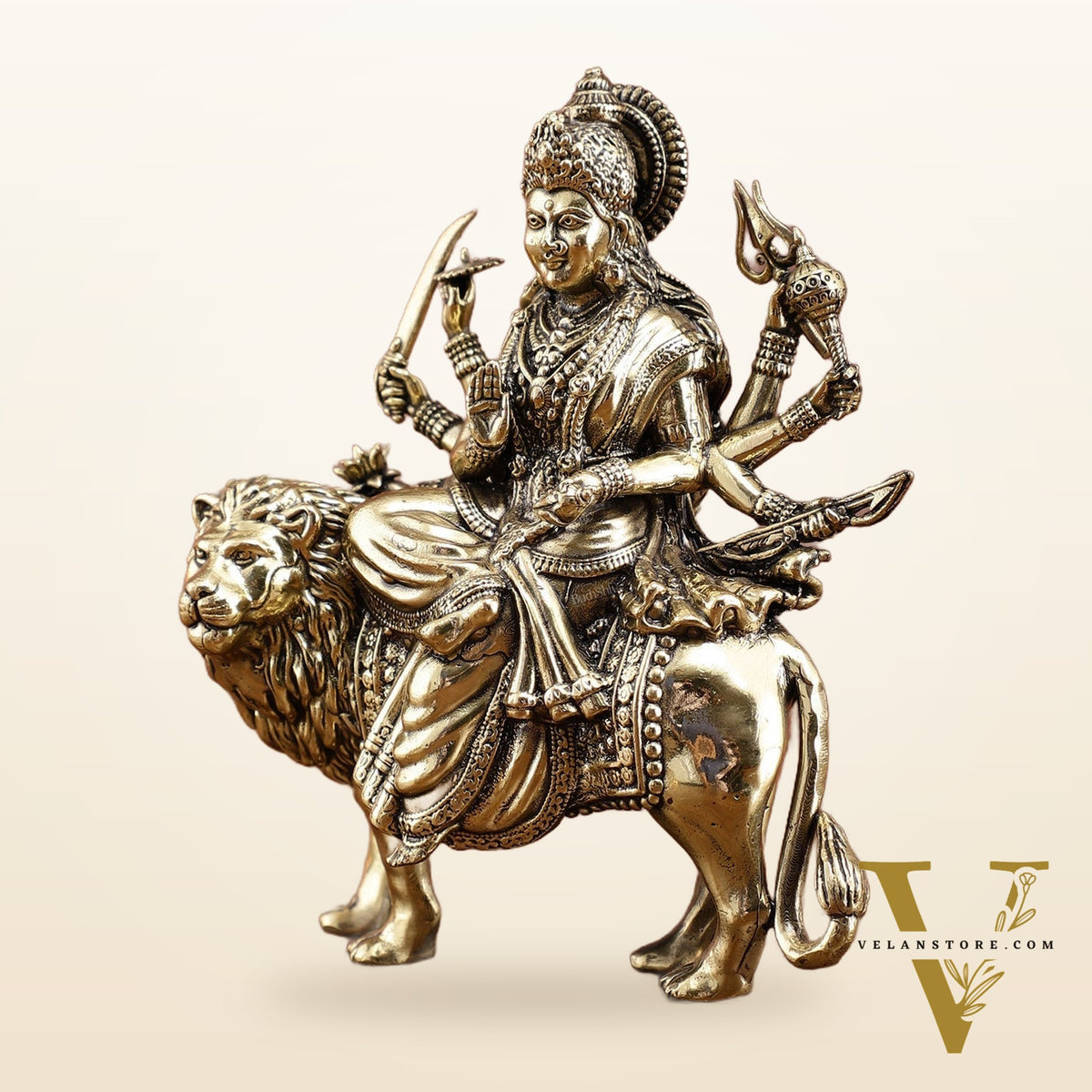 Brass Durga on Lion Idol – 6 Inches, Superfine Lightweight