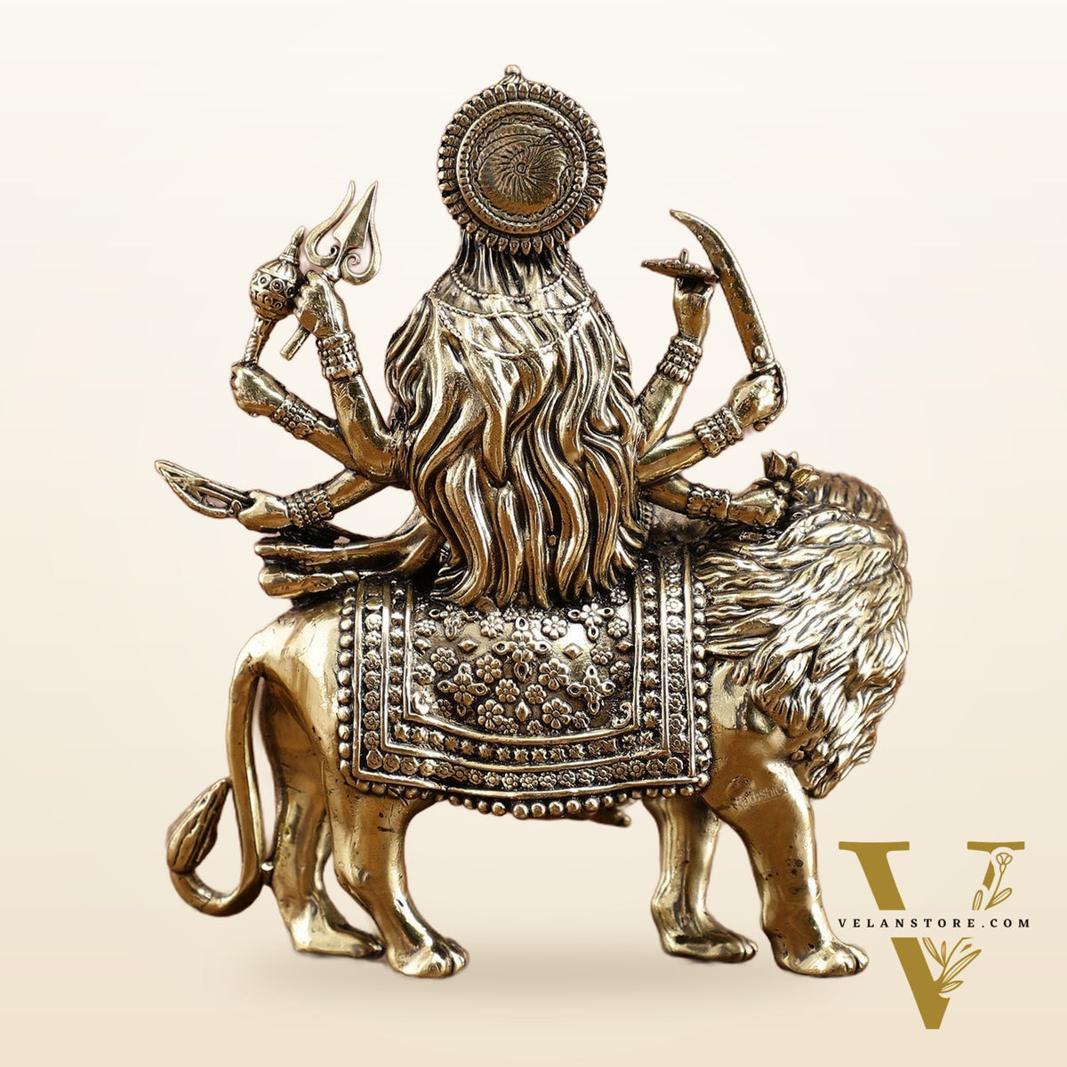 Brass Durga on Lion Idol – 6 Inches, Superfine Lightweight