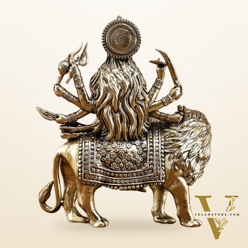 Brass Durga on Lion Idol – 6 Inches, Superfine Lightweight