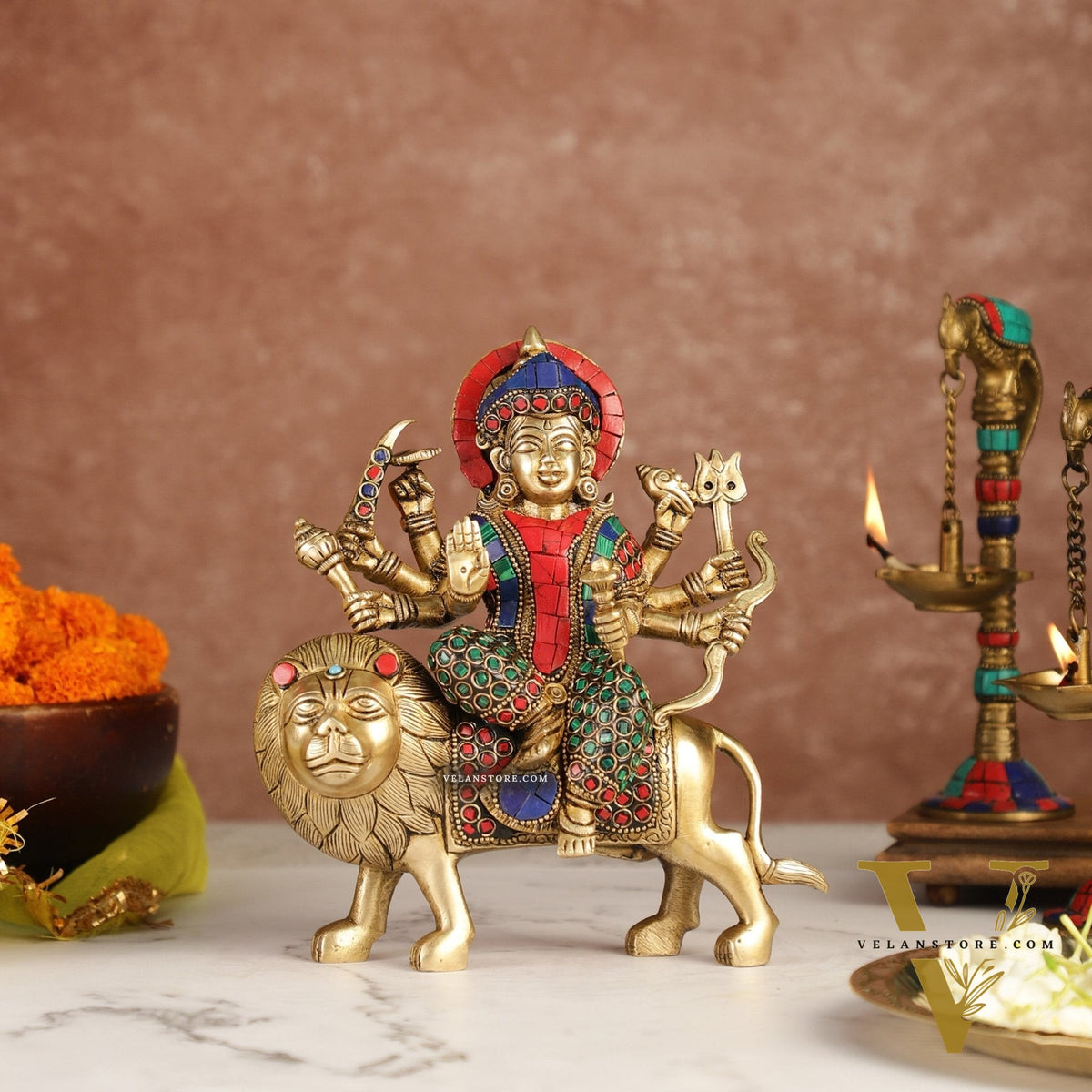 Brass Durga Superfine Statue 8" Stonework