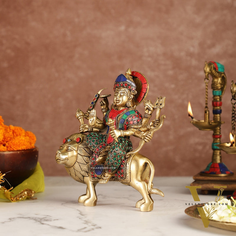 Brass Durga Superfine Statue 8" Stonework