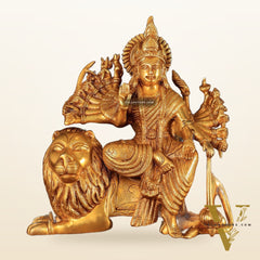 Brass Durga with Eighteen Arms with sitting Lion Idol - 12 Inch