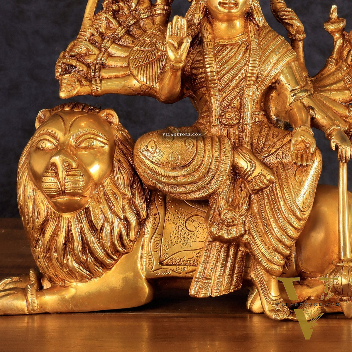 Brass Durga with Eighteen Arms with sitting Lion Idol - 12 Inch