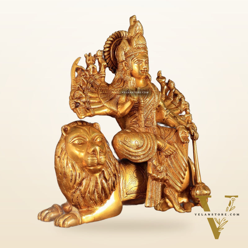 Brass Durga with Eighteen Arms with sitting Lion Idol - 12 Inch