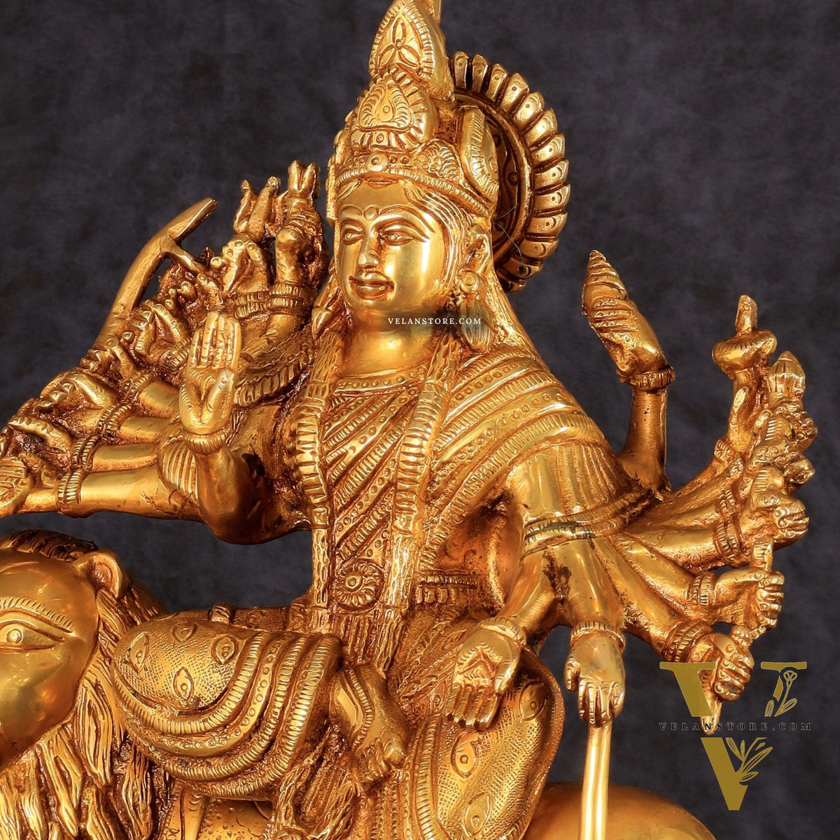 Brass Durga with Eighteen Arms with sitting Lion Idol - 12 Inch