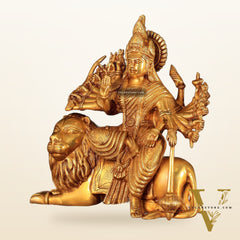 Brass Durga with Eighteen Arms with sitting Lion Idol - 12 Inch