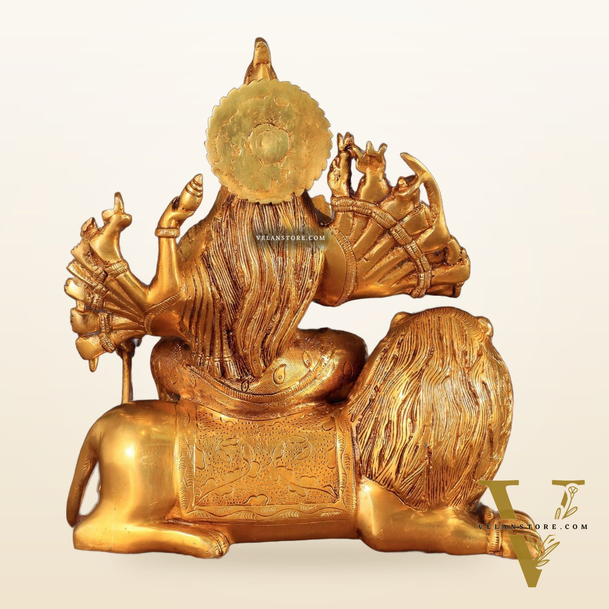 Brass Durga with Eighteen Arms with sitting Lion Idol - 12 Inch