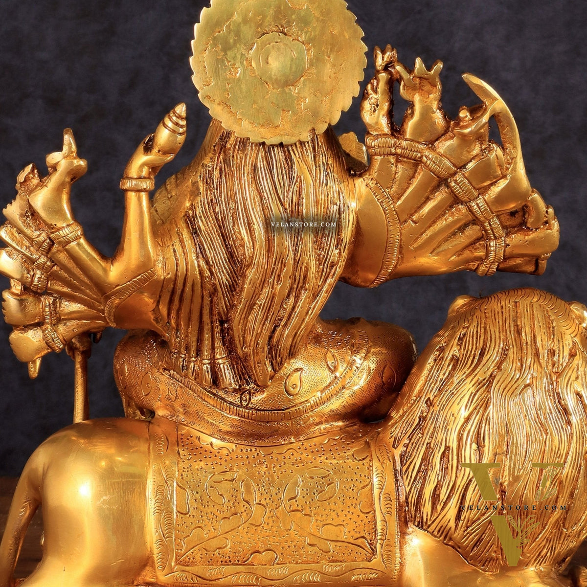 Brass Durga with Eighteen Arms with sitting Lion Idol - 12 Inch