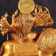 Brass Durga with Eighteen Arms with sitting Lion Idol - 12 Inch
