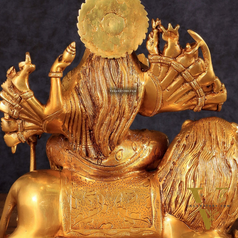 Brass Durga with Eighteen Arms with sitting Lion Idol - 12 Inch