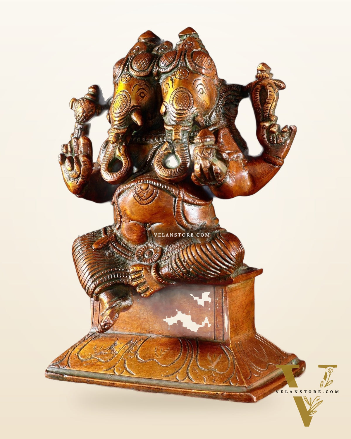 Brass Dvimukha Ganapati Statue – Two-Faced Form with Dual Trunk Direction 6"