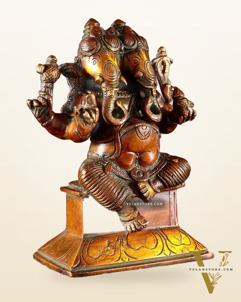Brass Dvimukha Ganapati Statue – Two-Faced Form with Dual Trunk Direction 6"