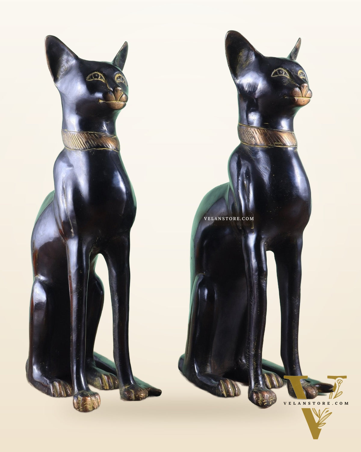Brass Egyptian Black Cat Pair – Elegant Showpiece 14"