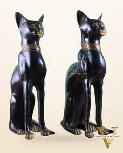 Brass Egyptian Black Cat Pair – Elegant Showpiece 14"