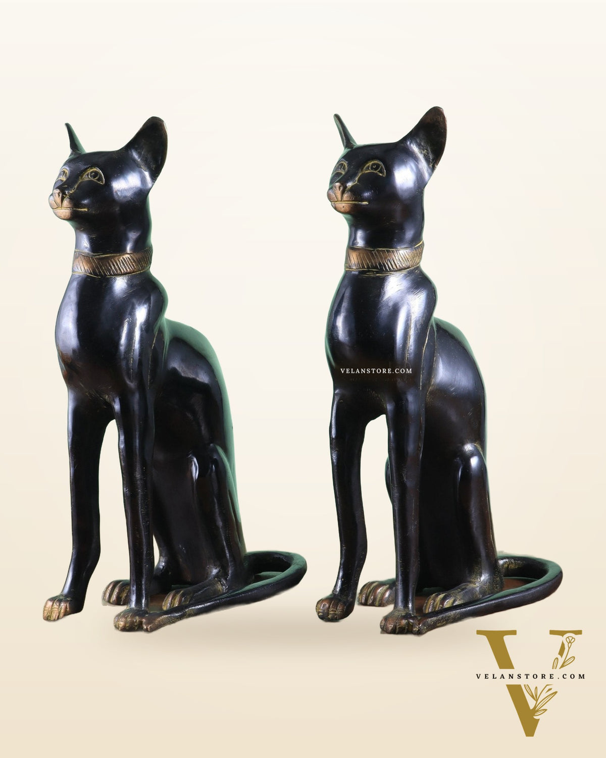 Brass Egyptian Black Cat Pair – Elegant Showpiece 14"
