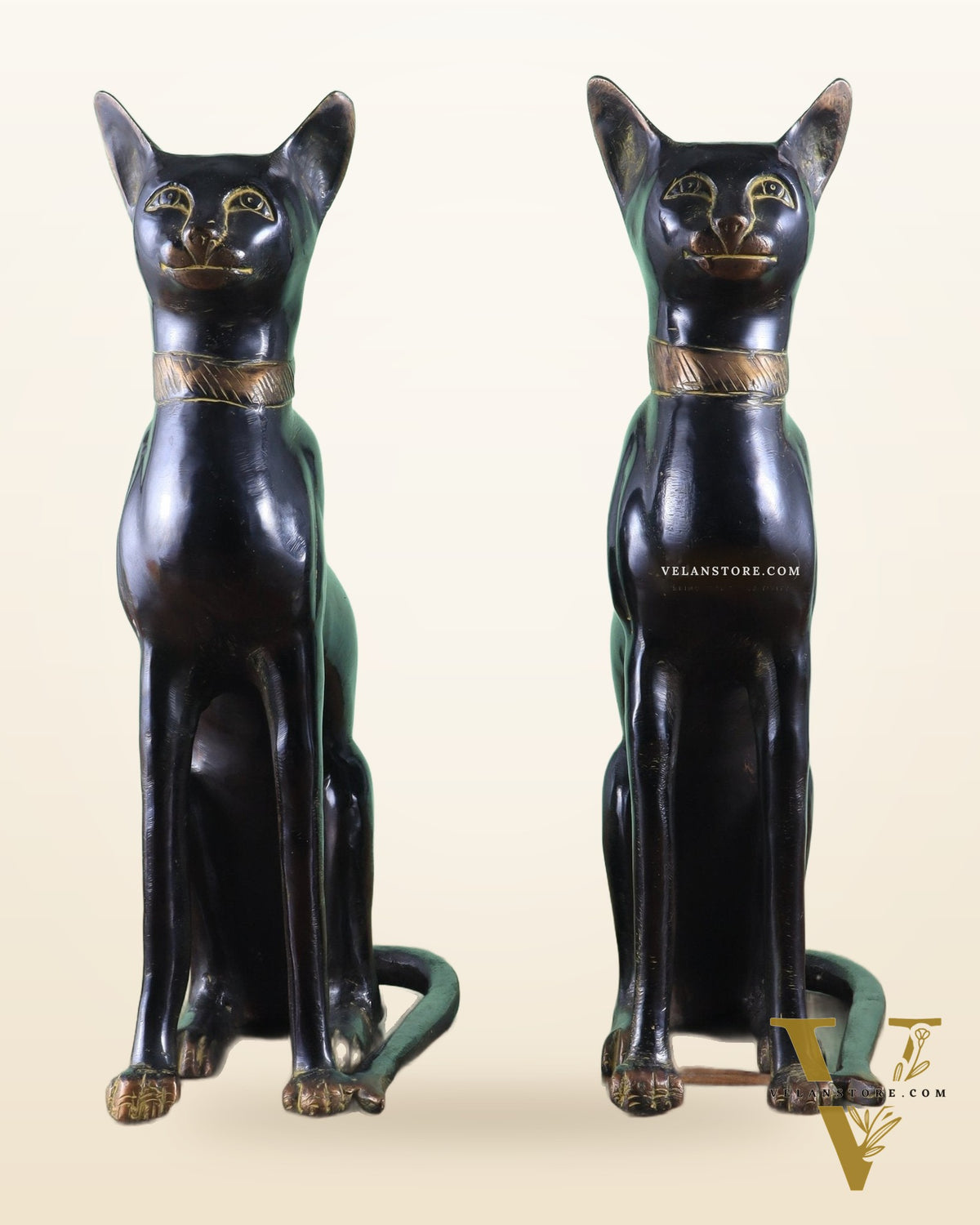 Brass Egyptian Black Cat Pair – Elegant Showpiece 14"