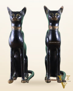 Brass Egyptian Black Cat Pair – Elegant Showpiece 14"