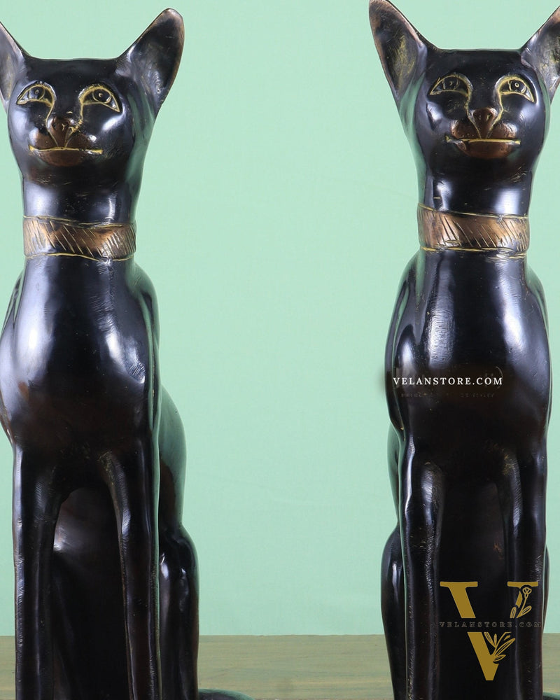 Brass Egyptian Black Cat Pair – Elegant Showpiece 14"