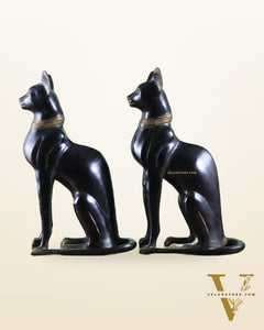Brass Egyptian Black Cat Pair – Elegant Showpiece 14"