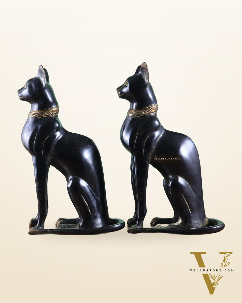 Brass Egyptian Black Cat Pair – Elegant Showpiece 14"