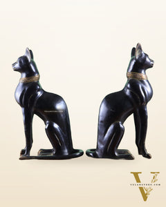 Brass Egyptian Black Cat Pair – Elegant Showpiece 14"