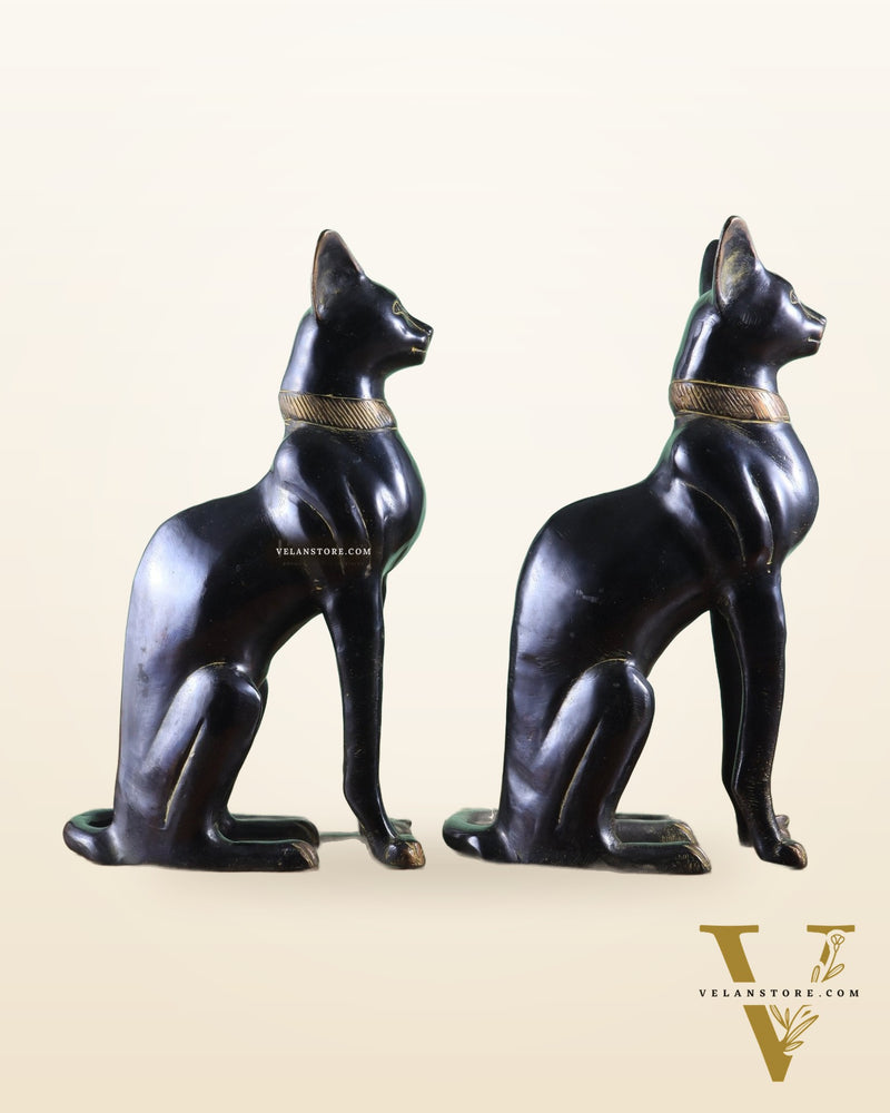 Brass Egyptian Black Cat Pair – Elegant Showpiece 14"