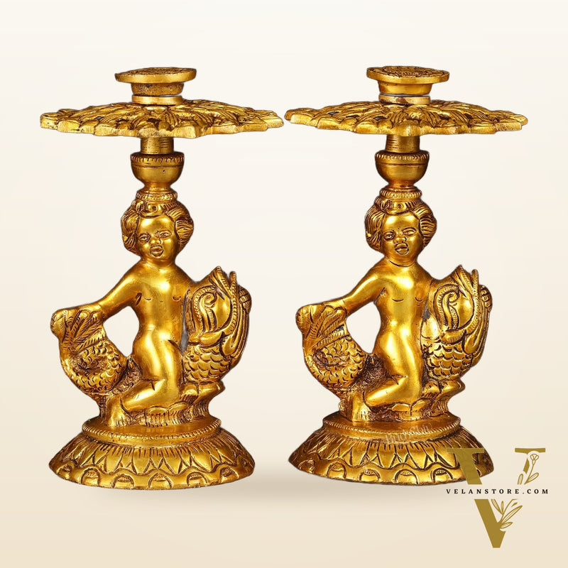 Brass Elegant Angel Table Showpiece Candle Holder 6" pair