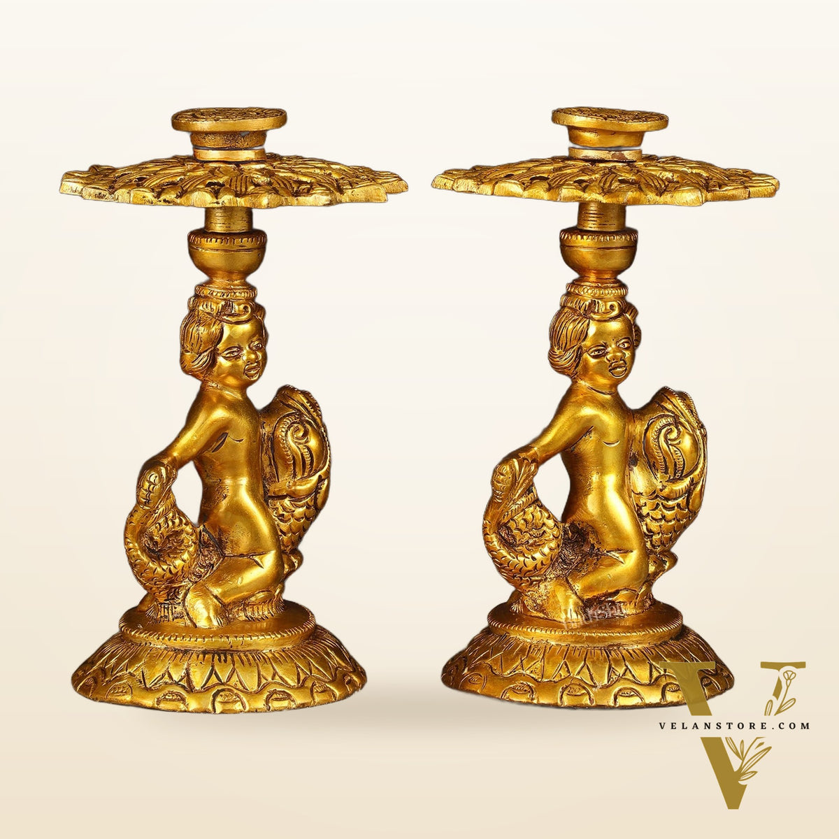 Brass Elegant Angel Table Showpiece Candle Holder 6" pair