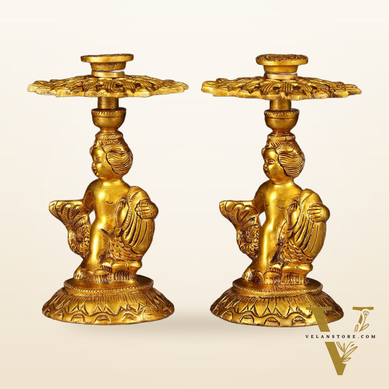 Brass Elegant Angel Table Showpiece Candle Holder 6" pair