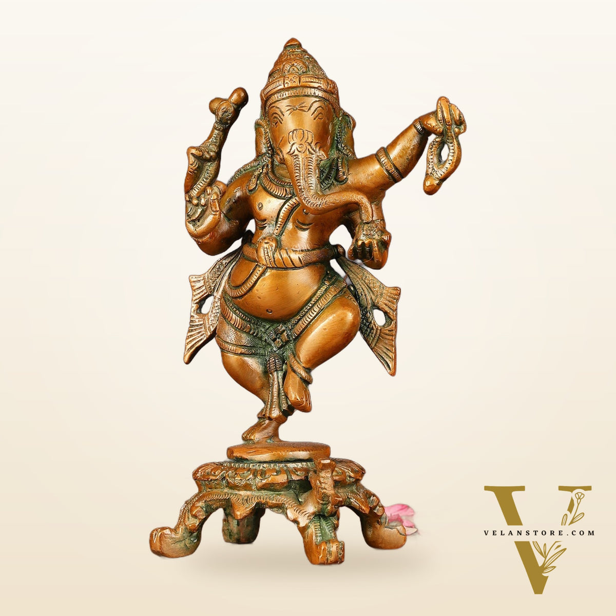 Brass Elegant Dancing Ganapati Statue - Vintage Bronze Finish, 8"