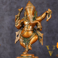 Brass Elegant Dancing Ganapati Statue - Vintage Bronze Finish, 8"