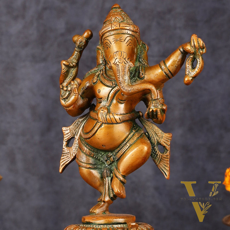 Brass Elegant Dancing Ganapati Statue - Vintage Bronze Finish, 8"