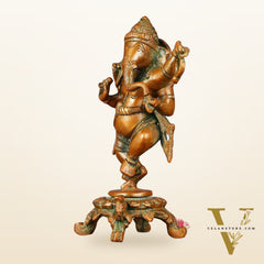 Brass Elegant Dancing Ganapati Statue - Vintage Bronze Finish, 8"