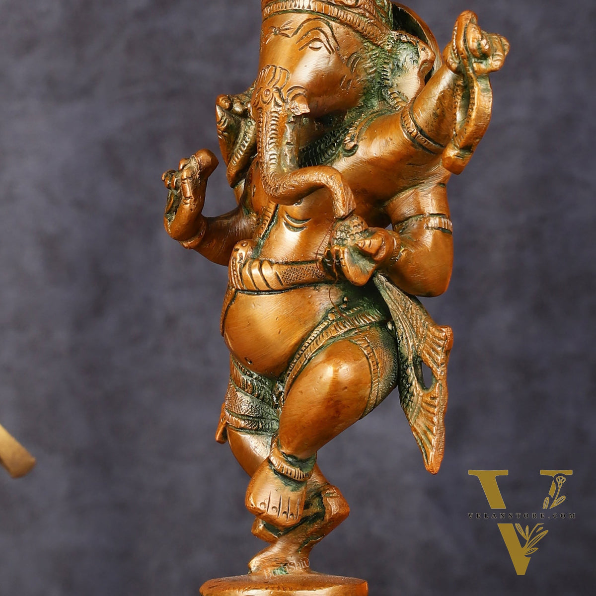 Brass Elegant Dancing Ganapati Statue - Vintage Bronze Finish, 8"