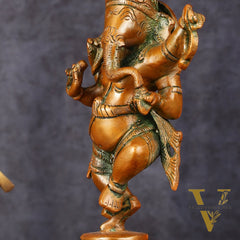 Brass Elegant Dancing Ganapati Statue - Vintage Bronze Finish, 8"