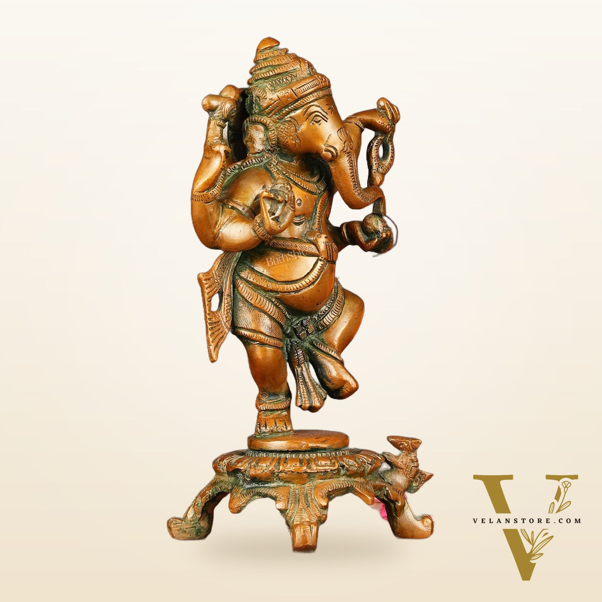 Brass Elegant Dancing Ganapati Statue - Vintage Bronze Finish, 8"