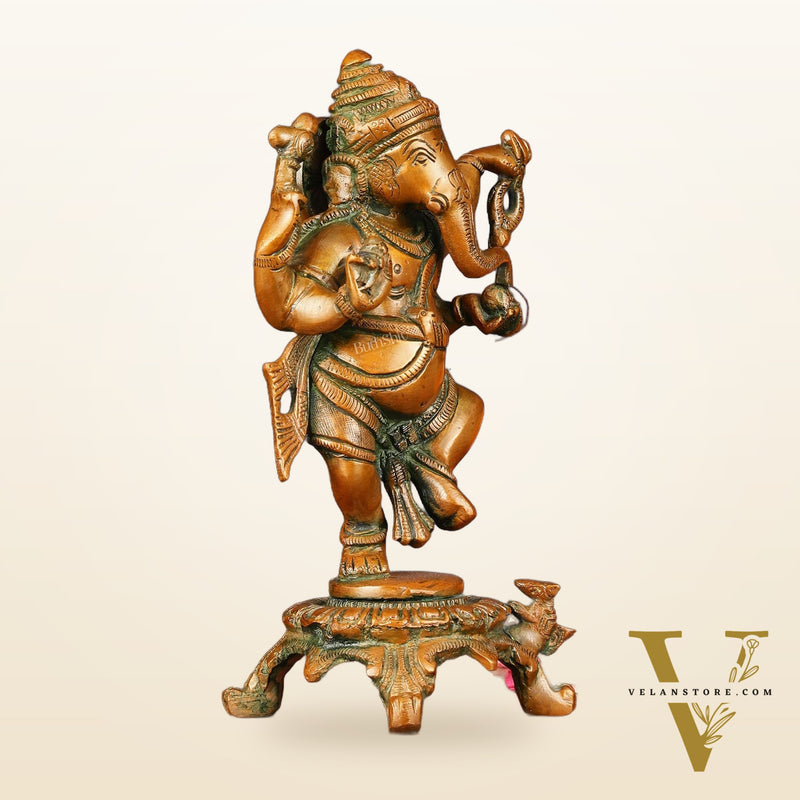 Brass Elegant Dancing Ganapati Statue - Vintage Bronze Finish, 8"