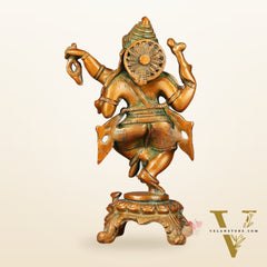 Brass Elegant Dancing Ganapati Statue - Vintage Bronze Finish, 8"