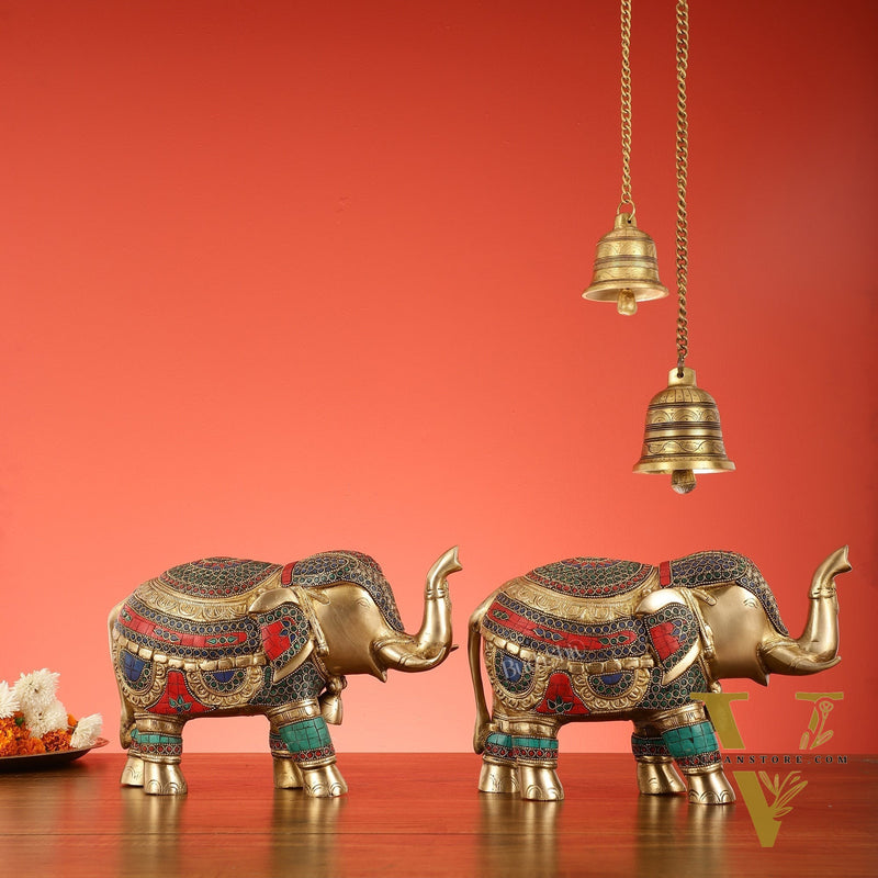 Brass Elephant Statue pair with Stonework Showpieces - 12 Inch wide