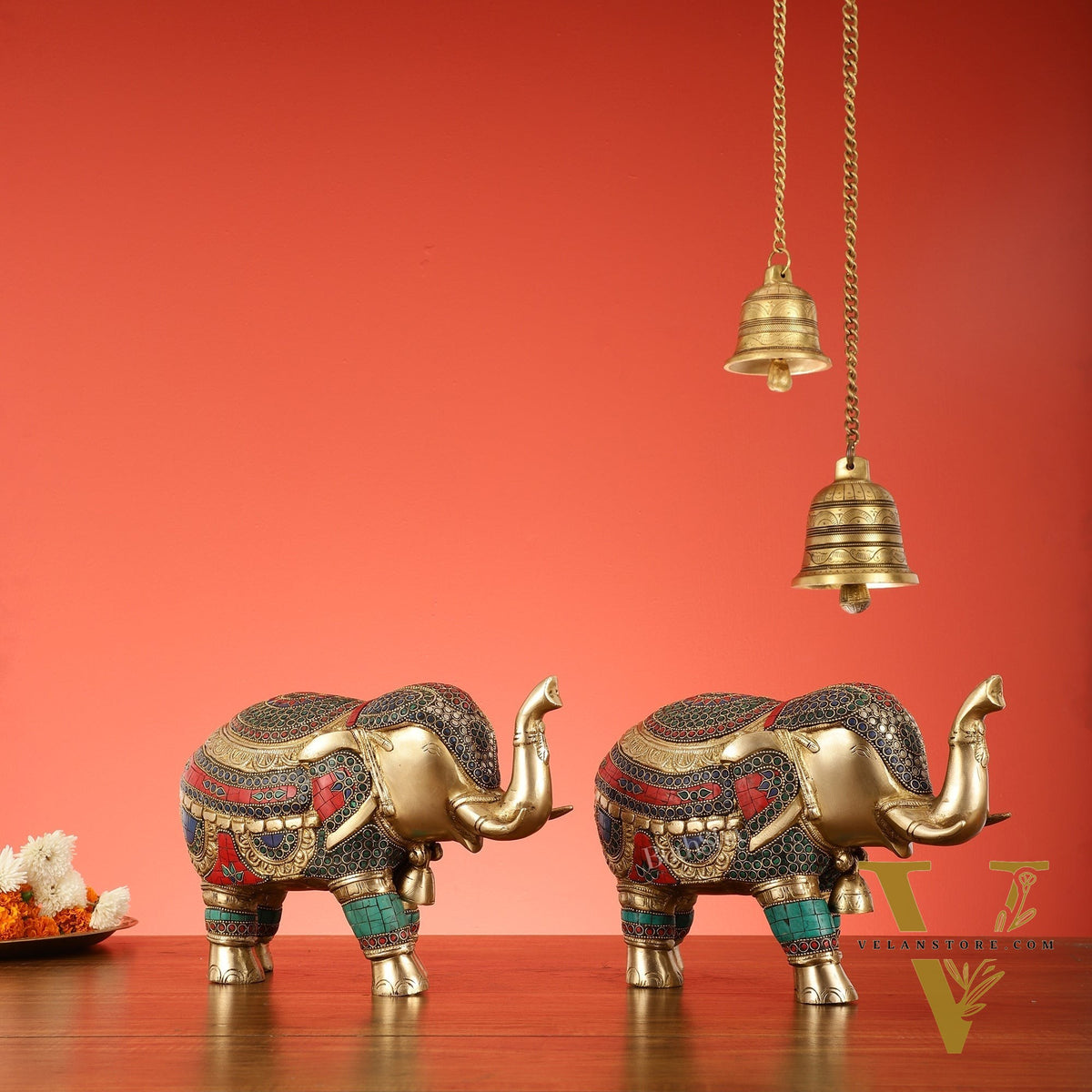 Brass Elephant Statue pair with Stonework Showpieces - 12 Inch wide