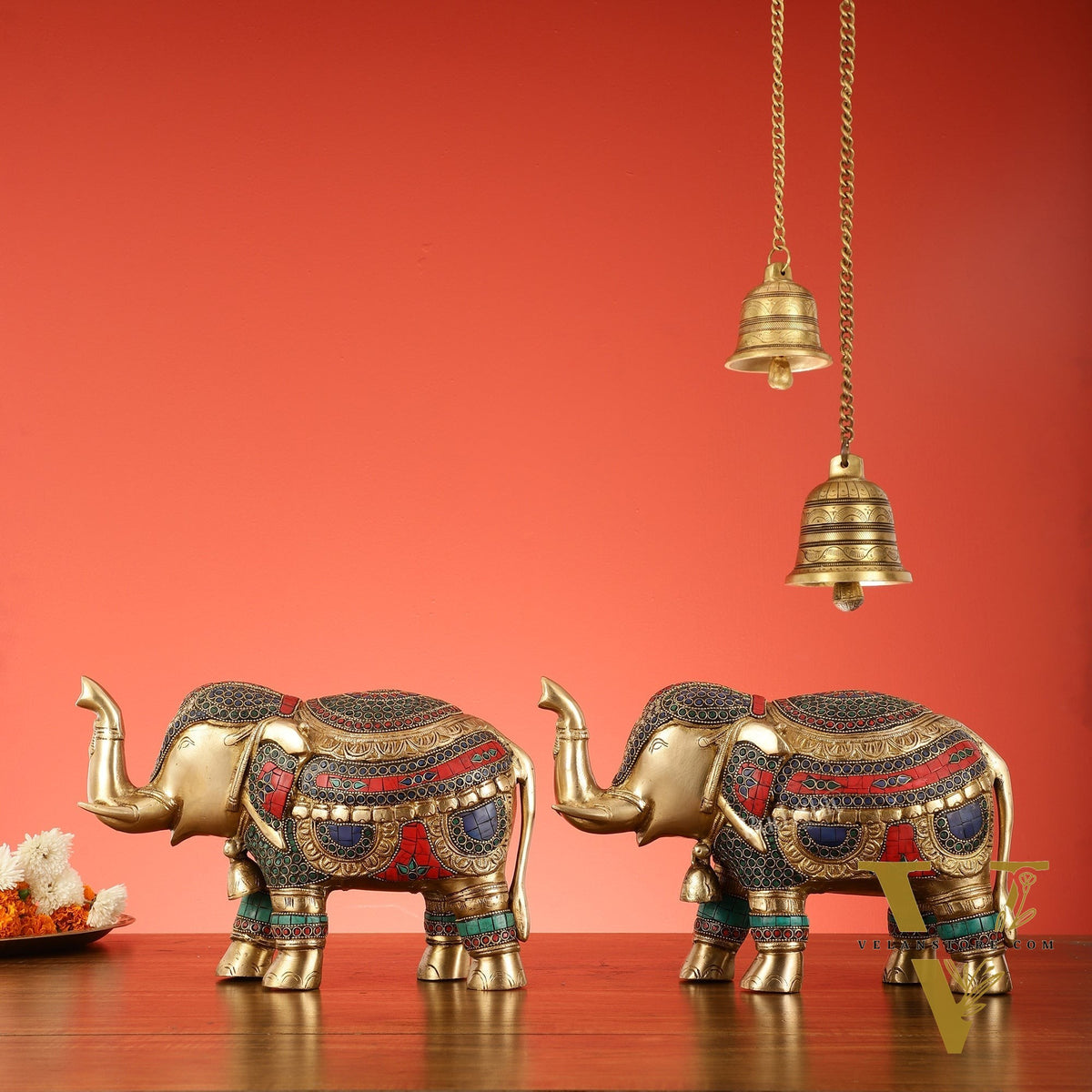 Brass Elephant Statue pair with Stonework Showpieces - 12 Inch wide