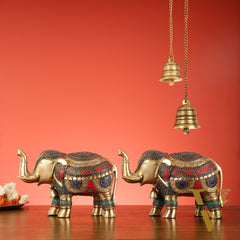 Brass Elephant Statue pair with Stonework Showpieces - 12 Inch wide