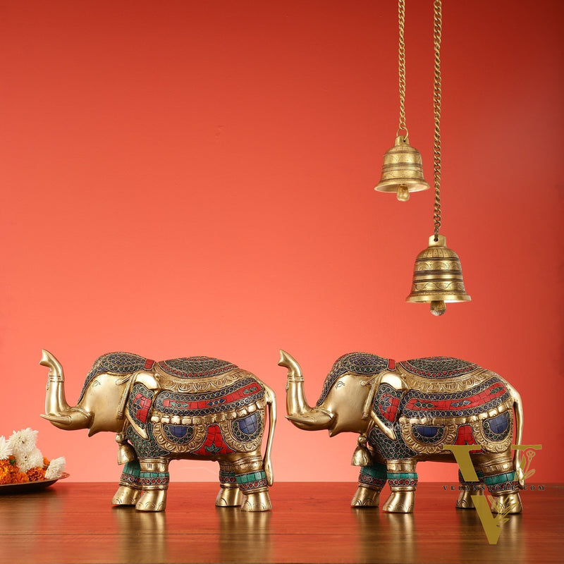 Brass Elephant Statue pair with Stonework Showpieces - 12 Inch wide